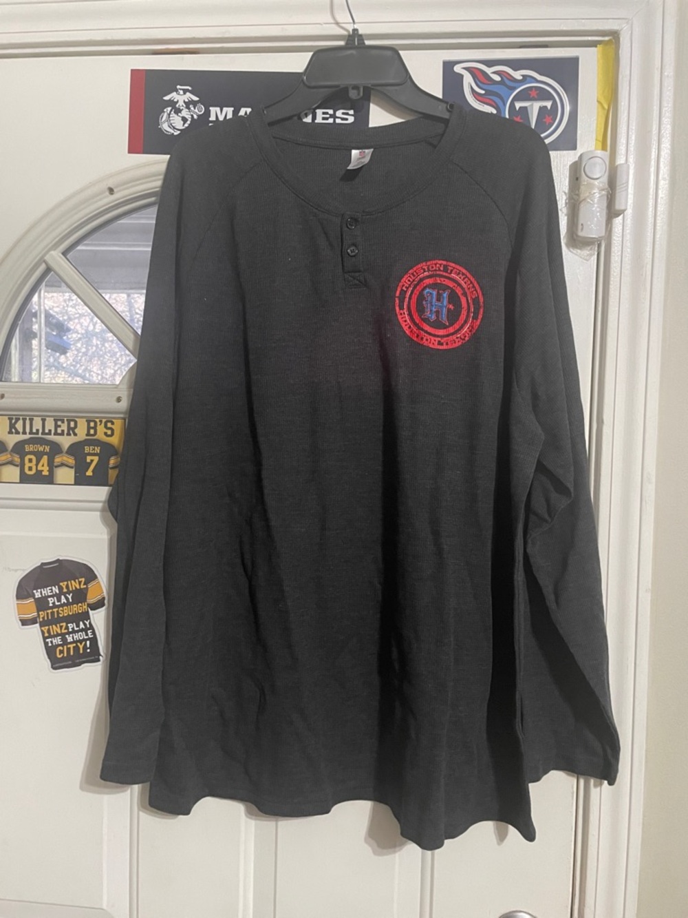 Men's Black Long-Sleeve Henley Shirt with Houston Texans logo
